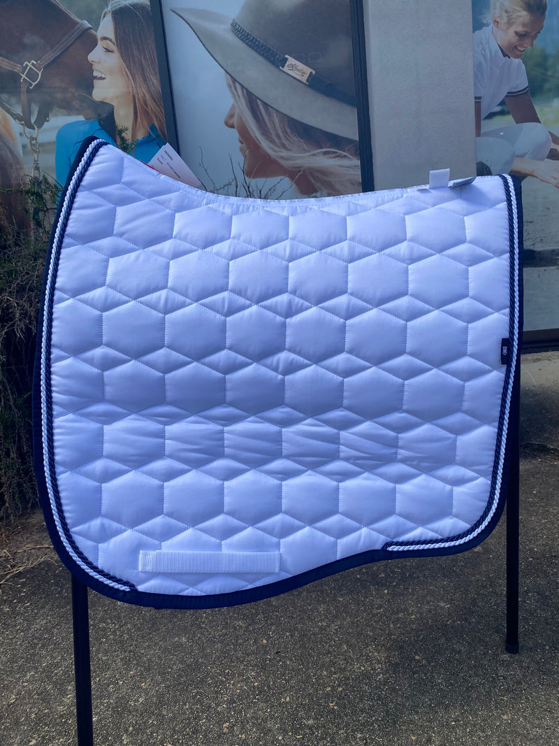 Mattes White Dressage Saddlepad with Navy Trim